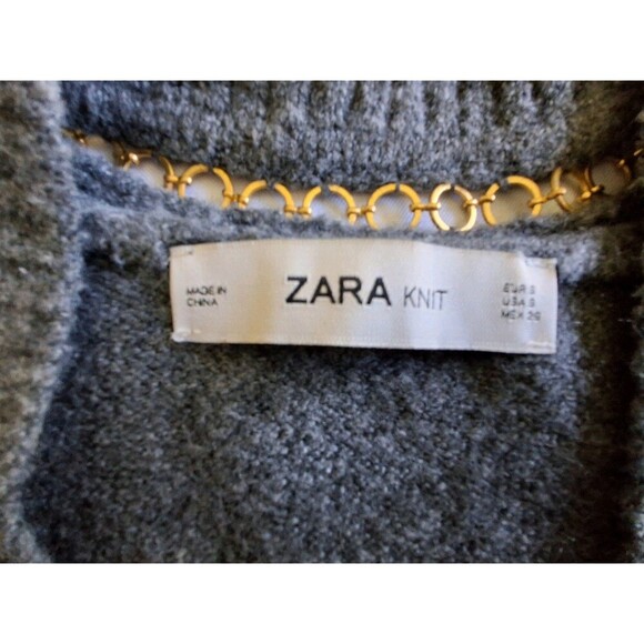 Zara women's sweater, V neck, Gray, Small, with Brass trim, neck & Cuffs - Picture 3 of 13